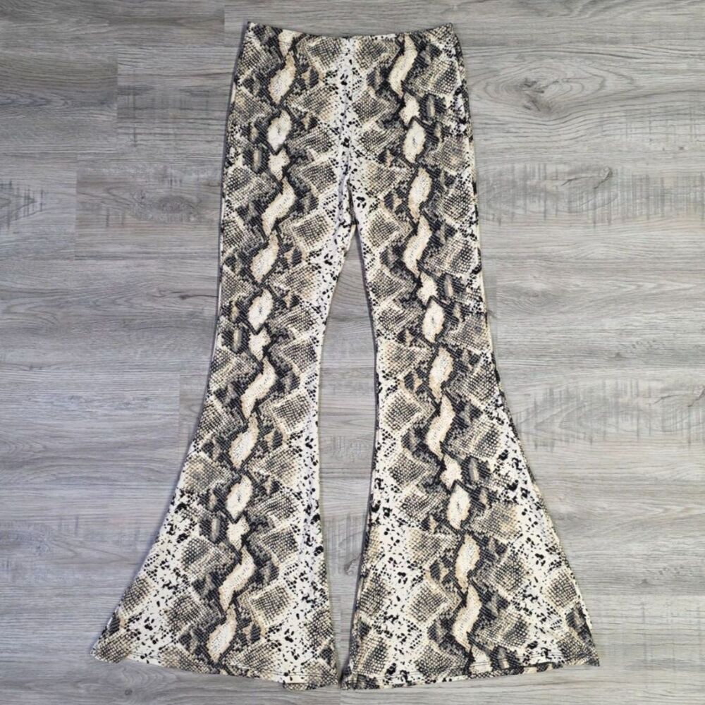 VIBE Snakeskin Print Flare Pants | High Rise Bell Bottoms | Large - Picture 2 of 8